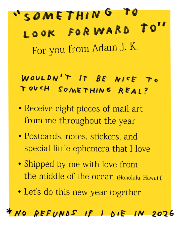 Handwritten text on a yellow background with a personal message from Adam J. K.